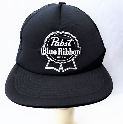 VTG Pabst Blue Ribbon Beer Snapback Trucker Mesh Black Hat Cap PBR USA FLAG