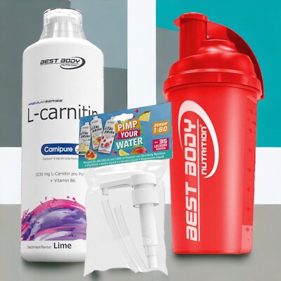 Best Body Nutrition L-Carnitin Liquid 1000ml + Dosierpumpe + Shaker in Rot