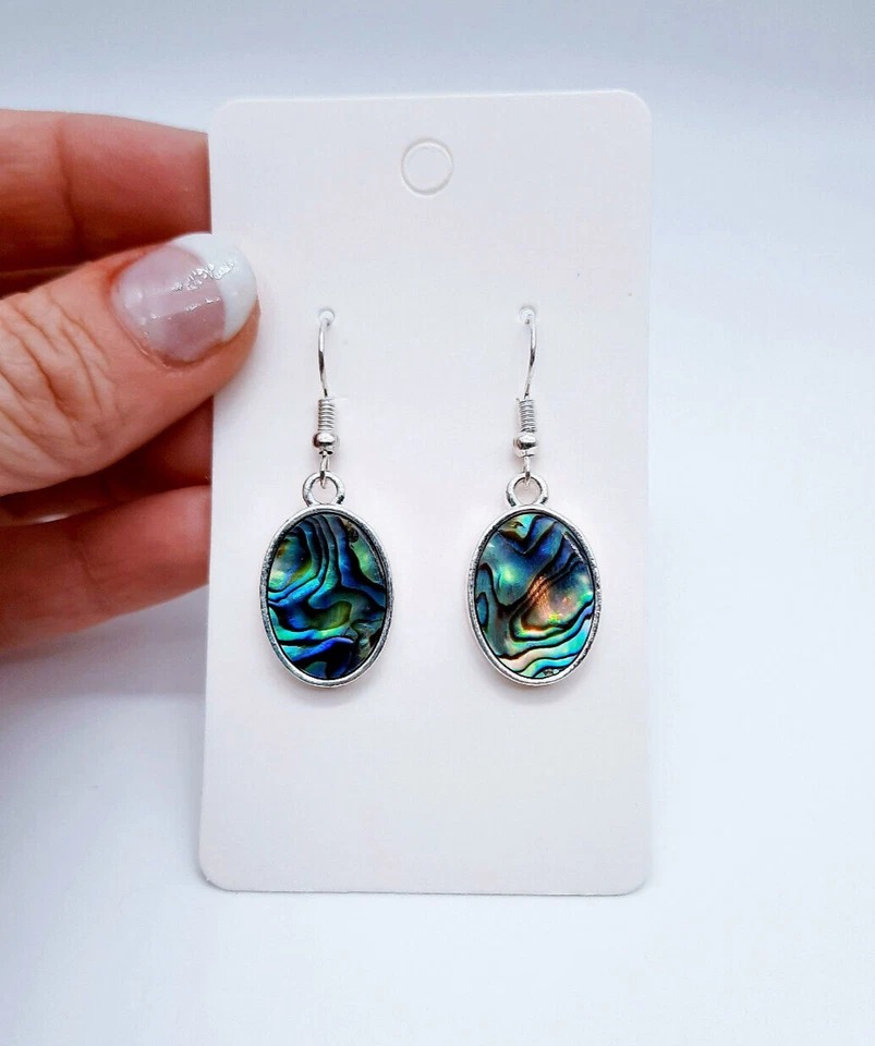 Pendientes ovalados de abulón natural hechos a mano / Pendientes Paua Seashell / Hipoalergénicos Foto 2 de 4