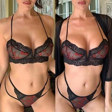 Sexy Womens Sheer Lace Bra Set Thong Panties G-string Lingeries Sleepwear Brief