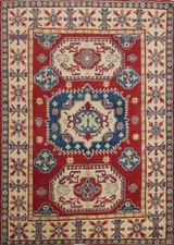 Red/ Ivory Geometric Super Kazak Oriental Wool Hand-knotted Tribal Rug 5x6