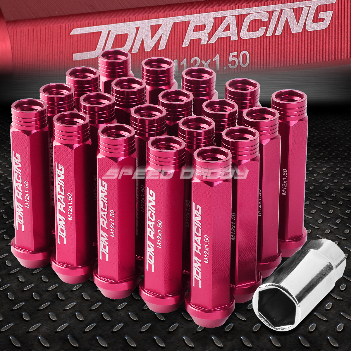 JDM OPENEND ALUMINUM PINK 20 LUG NUTS SET+ADAPTER M12X1.5 25MM OD/90MM