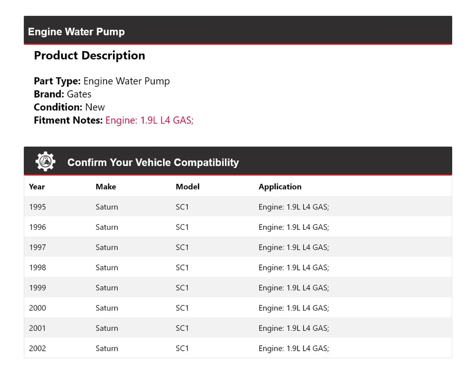 Para 1995-2002 Saturn SC1 1.9L L4 Motor Gas Bomba Agua Puertas 1996 1997 1998 1999 Foto 2 de 4
