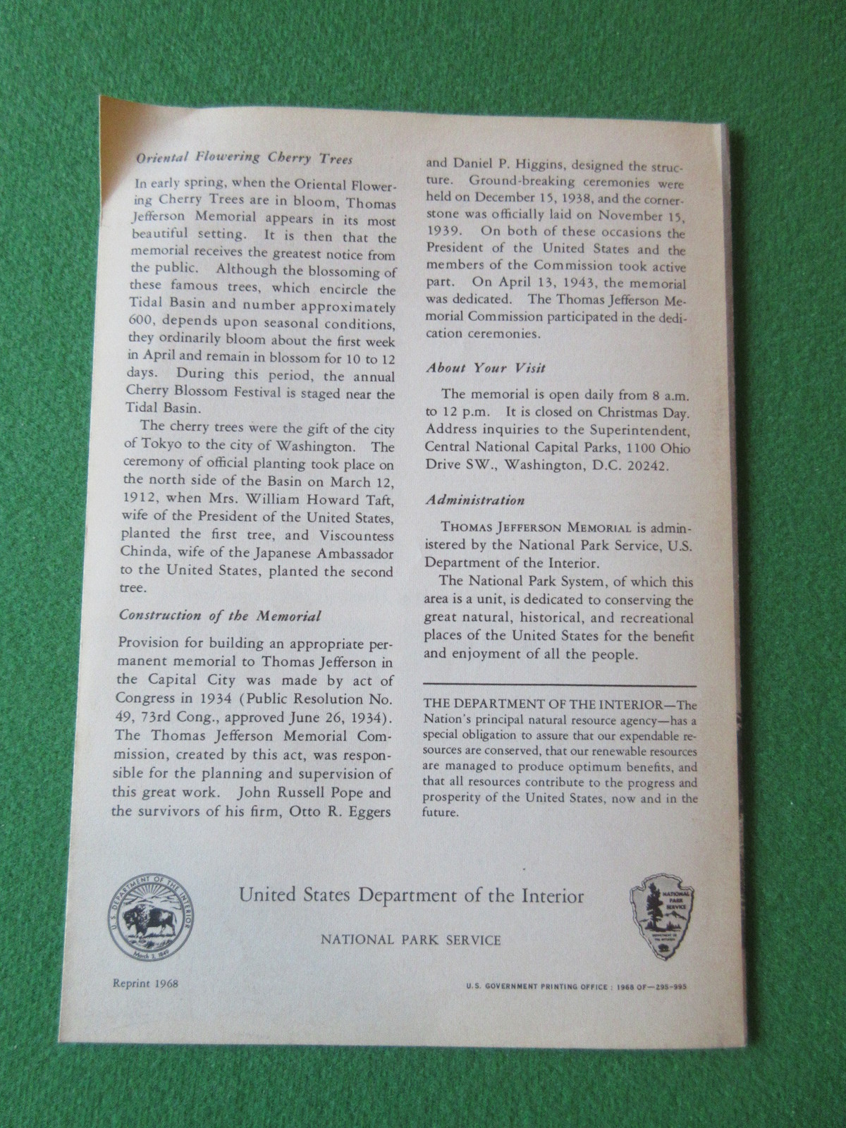 1968 THOMAS JEFFERSON MEMORIALWASHINGTON DC BROCHURE US DEPT OF THE INTERIOR