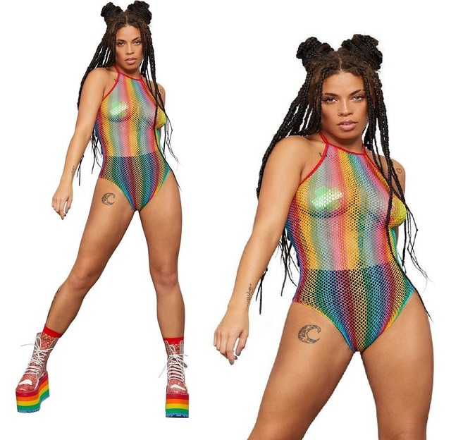 rainbow fishnet bodysuit