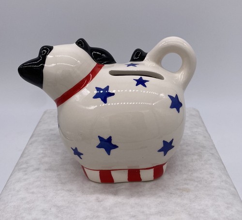 Salvadanaio mucca ceramica rosso bianco blu fattoria patriottica tema cameretta bambini asilo - Foto 12 di 12