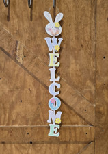 Wooden Easter "Welcome" Porch Sign Entryway Vertical Hanging Pastel Floral Bunny