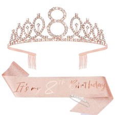 8th Birthday Crown  8th Birthday Sash  Pearl Pin Set 8th Birthday Gifts for...