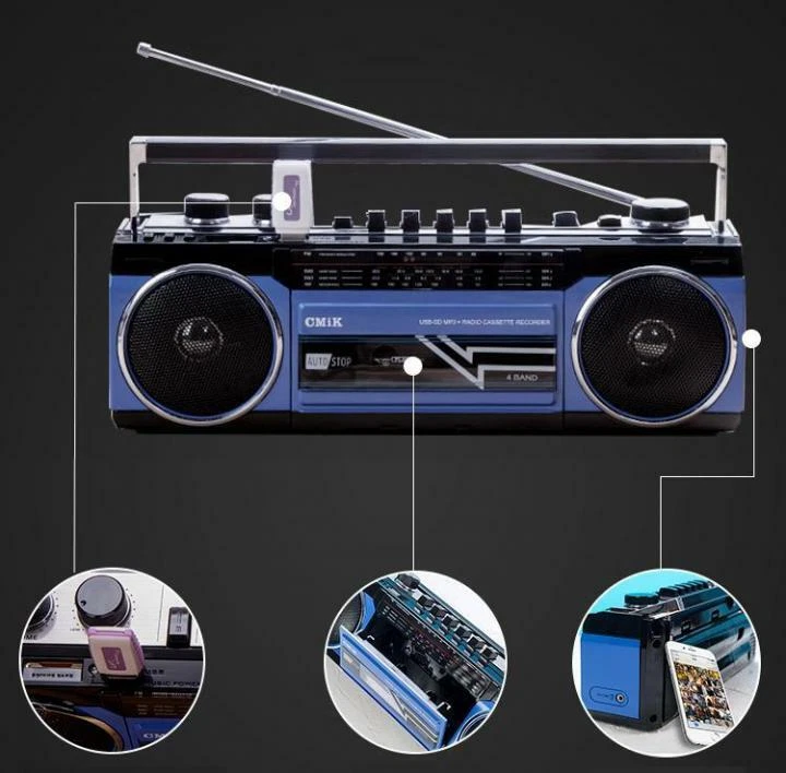 LETTORE STEREO CASSETTE MUSICASSETTE RADIO REGISTRATORE USB SD GHETTOBLASTER BLU - Immagine 2 di 3