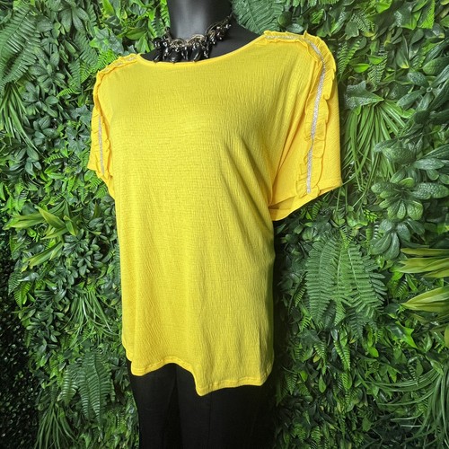 LOUIS PARIS Tops Women 3XL Yellow Blouse Stoned Shoulder Ruffle NWT 0028 - Picture 7 of 7