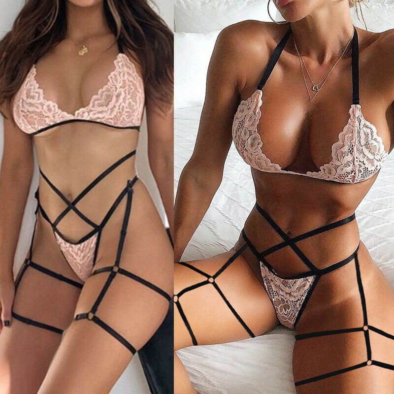 Sexy Women's Lace Harness Bra Sets Bralette G-string Thong Lingeries Sleepwear