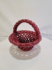 Punch Round Ceramic Basket Woven Lattice w/Handle Red Pink Vintage Pottery, C4