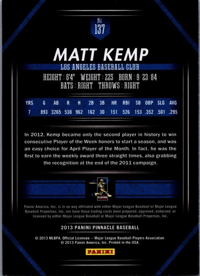 2013 Pinnacle Museum Collection #137 Matt Kemp Los Angeles Dodgers - Image 2 of 2
