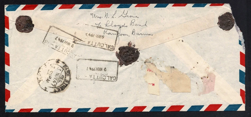 Cubierta registrada muy rara de Myanmar de Ranfoon 1947 a Calcuta India Foto 3 de 3