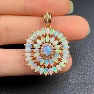 4CT Oval Cut Fire Opal Women's Flower Pendant Free Chain 14K Yellow Gold Finish