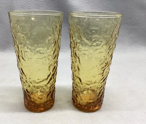 Vtg Anchor Hocking Lido Milano Honey Gold Amber Crinkle Glass Tumbler Set of 2