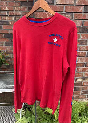 Hollister California Wave Rescue Long Sleeve Shirt Red Chenille Sleeve Logo XL