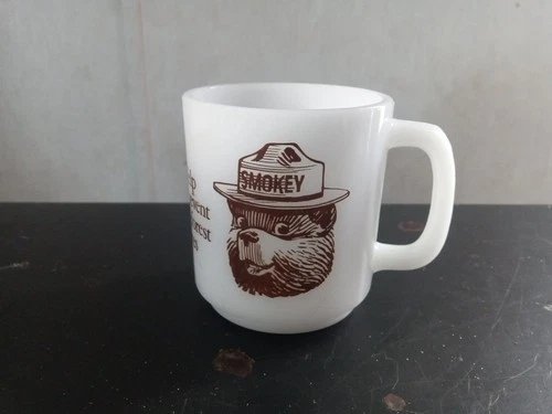 Vintage Milk Glass Mug-Cup Smokey The Bear Help Prevent Forest Fires Glasbake