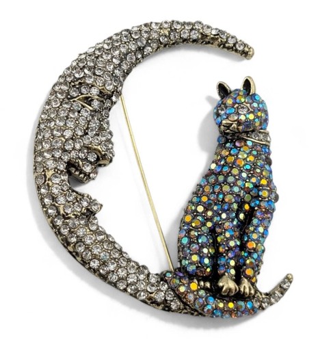 SPILLA AURORA BOREALE CRISTALLO GATTO E LUNA grande spilla retrò gattino strass - Foto 2 di 3