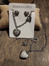 Heart chain necklace bracelet earings set stainles steel