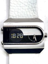 Fossil Dual Time White Leather Strap, Stainle...