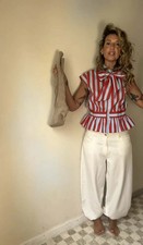 NEW WOMAN KNOTTED STRIPED BLOUSE RUFFLE RED B...