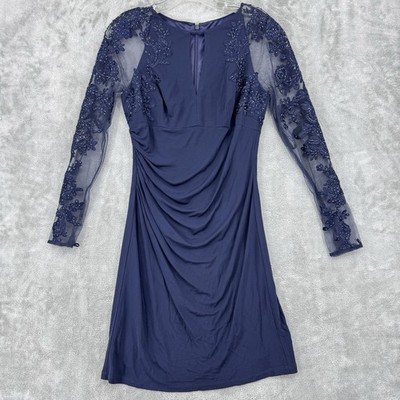 David Meister Dress Women 4 Beaded Sheer Lace Sheath Cocktail Party Navy Blue