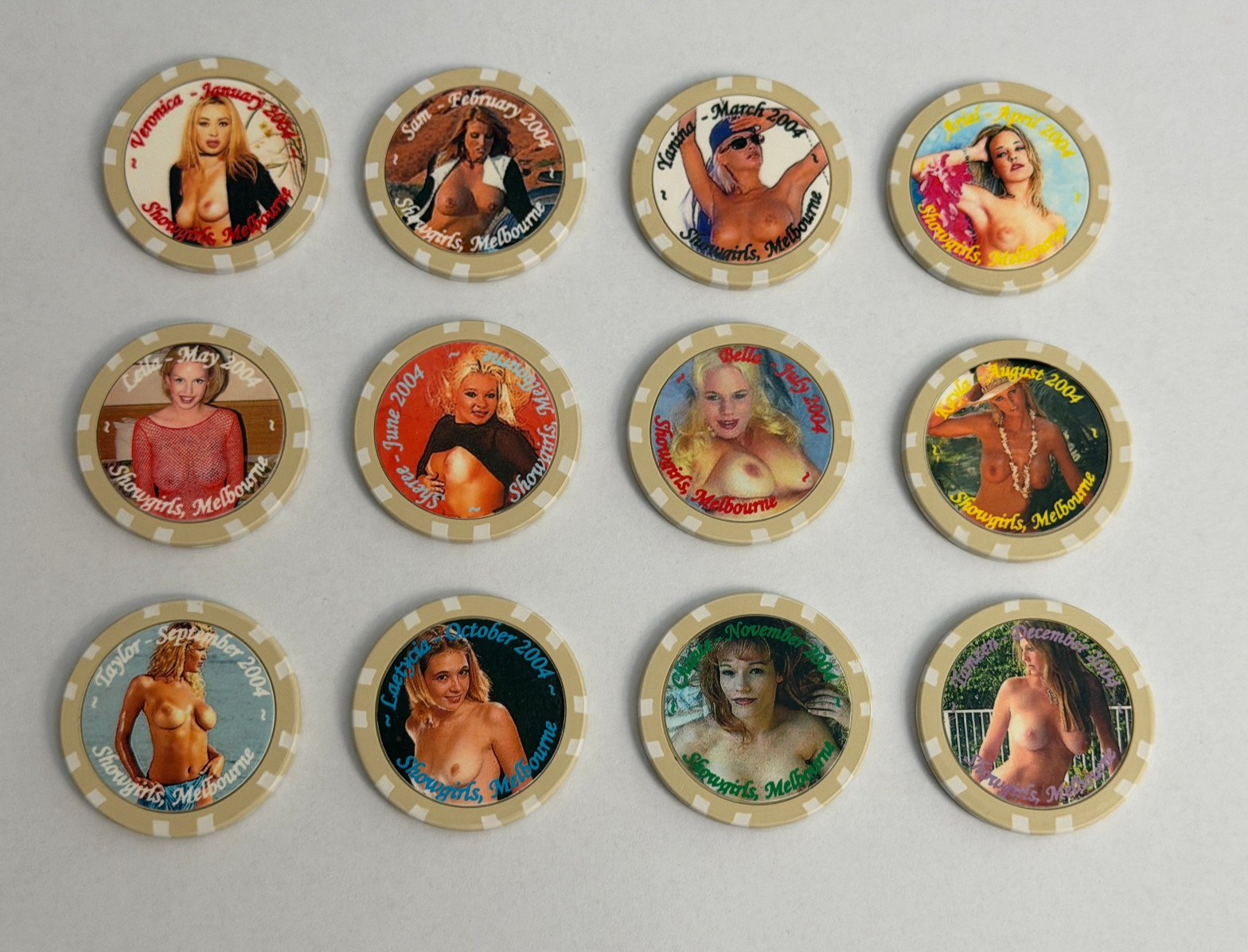 NUDE BROTHEL CASINO CHIPS COMPLETE SET OF 12 CALENDAR GIRLS
