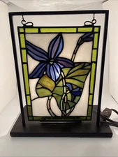 Stained Glass Panel Window  Lamp/light 9.25x W 10.75” T Iris Flower Table Top