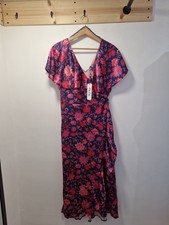 Chi Chi London Navy/Pink V-neck Floral Wrap Midi Dress Size 16