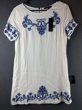 NWT Lulus Tale to Tell Blue and Ivory Embroidered Shift Dress Size Medium