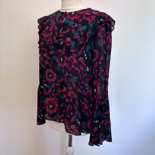 & Other Stories Blouse Top Size EU 36 UK 8 Black Floral Pattern Flared Sleeve - Picture 4 of 11