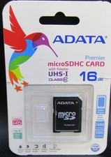Adata Micro SdHC Card, 16 GB UHS-I Class 10.