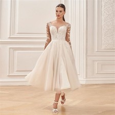 Tulle Wedding Dresses Long Sleeves Scoop Neck Applique Slit A Line Bridal Gown