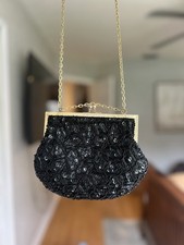 Vintage Black Beaded Clutch Evening Purse With Metal Strap Made in Hong Kong