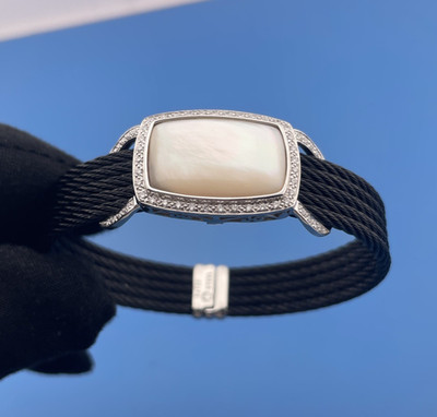 ALOR 18K Solid Gold Diamond Pearl Multi Strand SS Cable Bracelet, 36g WOW