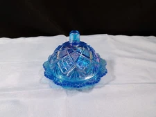Westmoreland Blue Carnival Glass Fan & File Childs Mini Covered Butter Dish