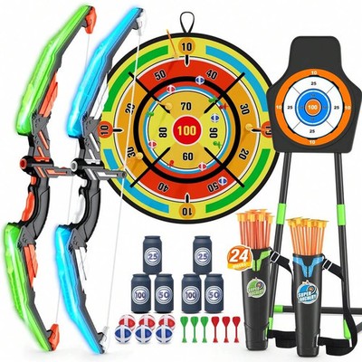 2 Pack Kids Bow And Arrow With 29'' Large Dart Board, LED Light Up Archery Set