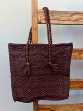 Vintage Bohemian Chocolate Brown Crochet Zip Tote Bag Purse STUNNING