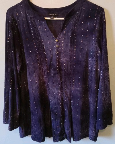 Sami & Jo Navy Blue Tie Dye Embroidered Sequins Beaded Front Top Size Small