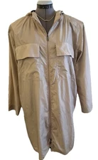J Jill Beige Hooded Rain Coat Light Weight Sz L Pkts Pit To Pit 24” L 38” Nylon