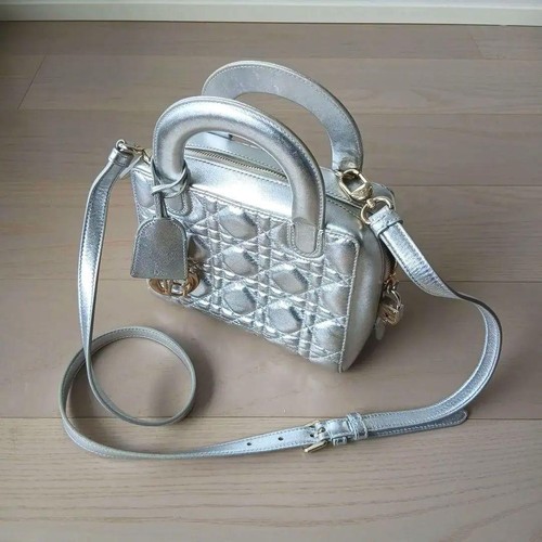 Auth Dior Lady Cannage Handbag Metallic Silver Leather Gold DIOR Charm Crossbody