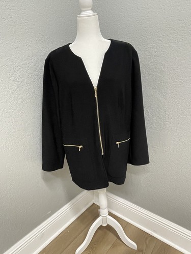 Chicos Travelers Jacket 3 Women XL Coat Style Black Gold Tone Full Zip Front