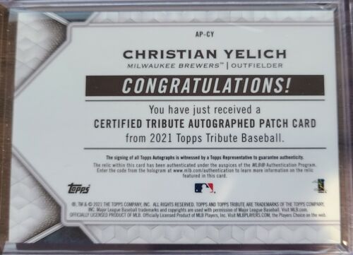 2021 TOPPS TRIBUTE CHRISTIAN YELICH AUTO PATCH SSP CARD 3/10 BREWERS HR PATCH! - Picture 2 of 2