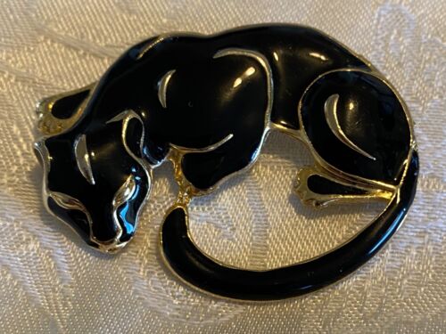 Vintage brooch, black panther, curled getting ready to attack, black enameling