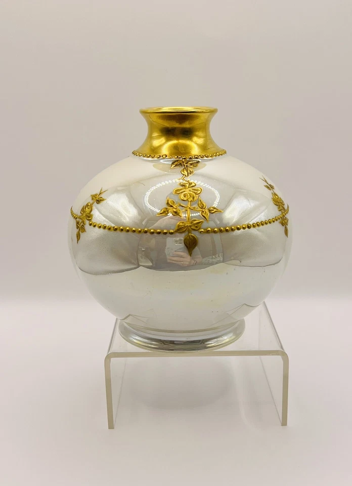 Jarrón antiguo Tressman & Vogt Limoges Francia pintado a mano/base de perfume dorado T&V Foto 3 de 4