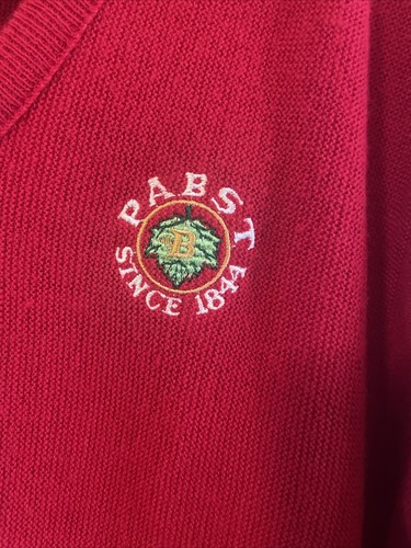 VINTAGE Pabst Brewery Etonic Sweater Mens  Red Long Sleeve V Neck Large - Picture 1 of 4