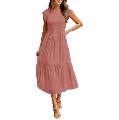 MEROKEETY Flutter Sleeve Smocked Midi Dress Womens size Small Casual Tiered  Pink | eBay