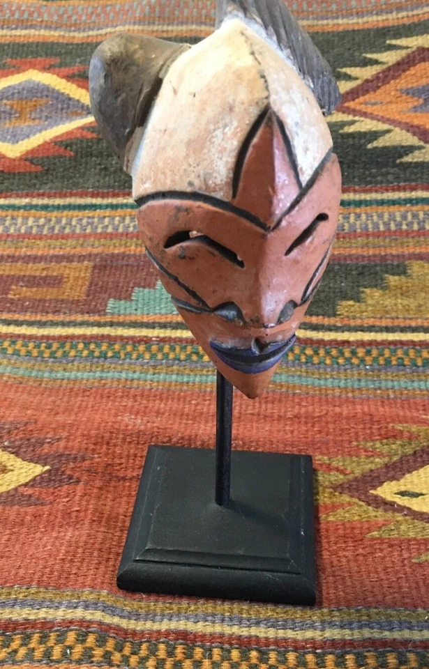 Clay African Art Hand Painted Face Mask Free Standing on Wooden Stand 9" Tall - Image 2 of 4