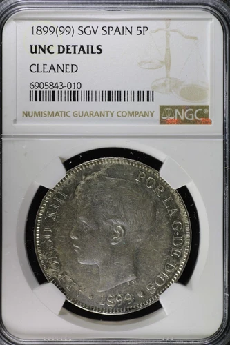 1899 (99) Spain 5 Pesetas / Unc Details, NGC Graded!!! Great Luster Silver!!!!